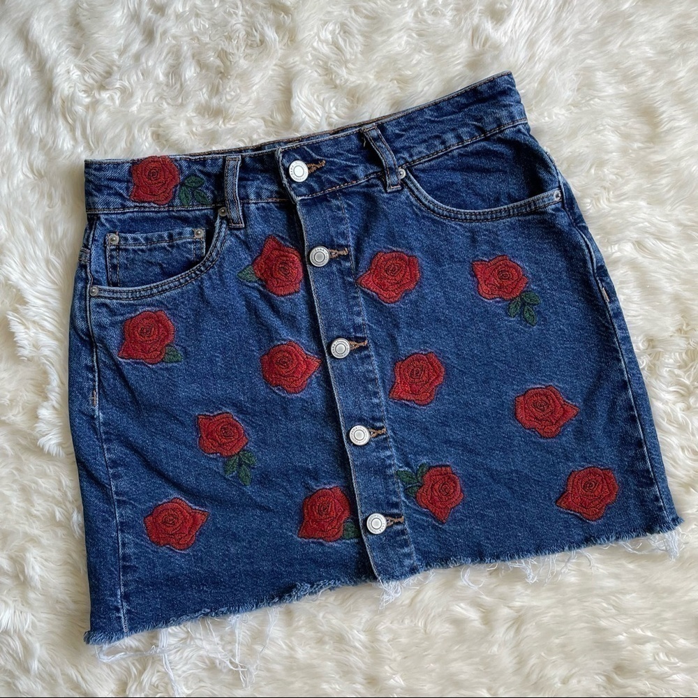 Zara Skirt Rose Flower Embroidered Denim Button Front Mini Blue Red XS